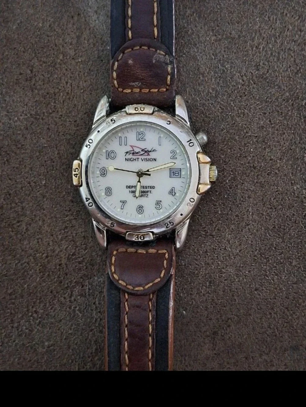 1980s Men's FreeStyle Night Vision Watch With Brown Genuine Leather Band